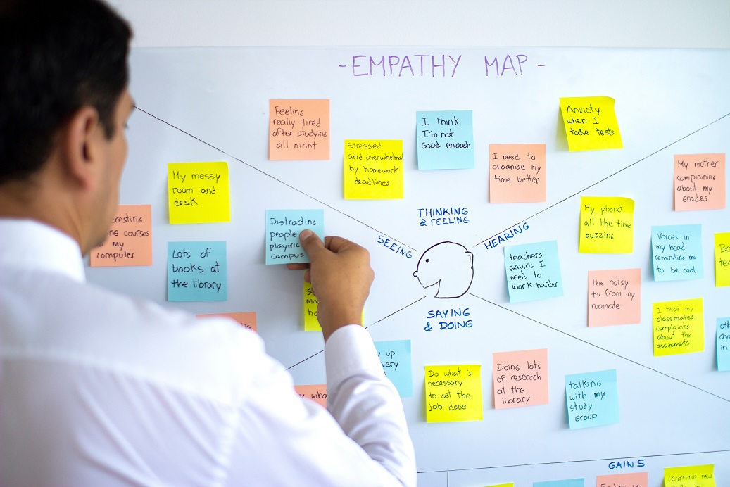 A person brainstorming with post-it notes