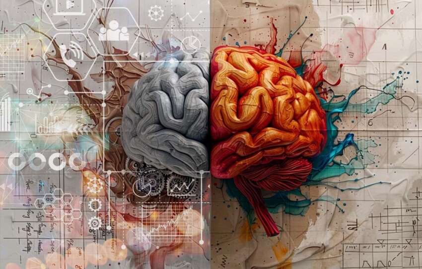 Image of a brain in gray and in color to symbolize monotonous and creative thinking