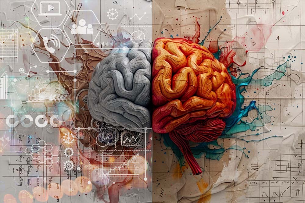 Image of a brain in gray and in color to symbolize monotonous and creative thinking