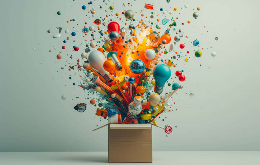 Ideas erupting from a box symbolizing inspirational thinking