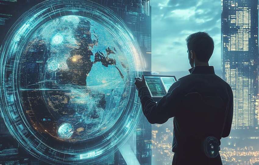 Image of man looking at a globe navigating