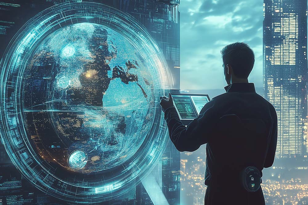 Image of man looking at a globe navigating